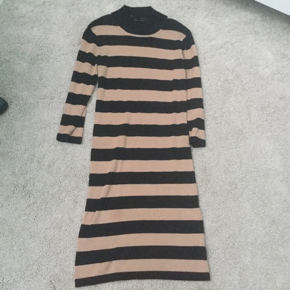 French Connection Mock Neck Tan, Black Striped Midi Dress Size 6 Fall Winter